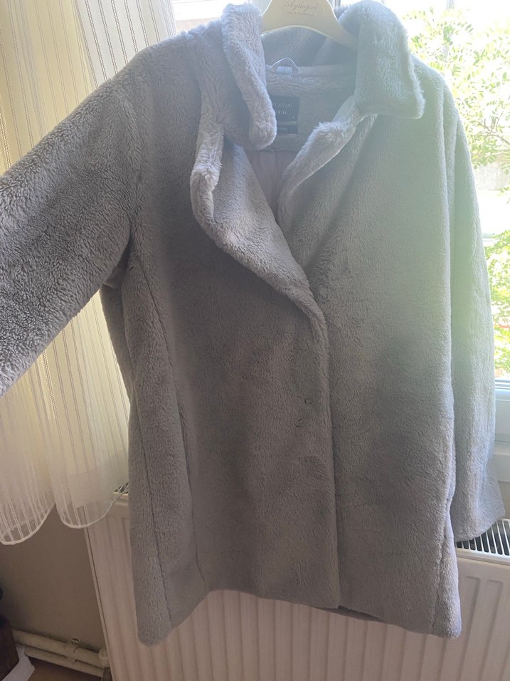 Gri Peluş Midi Kadın Kaban - Görsel 2