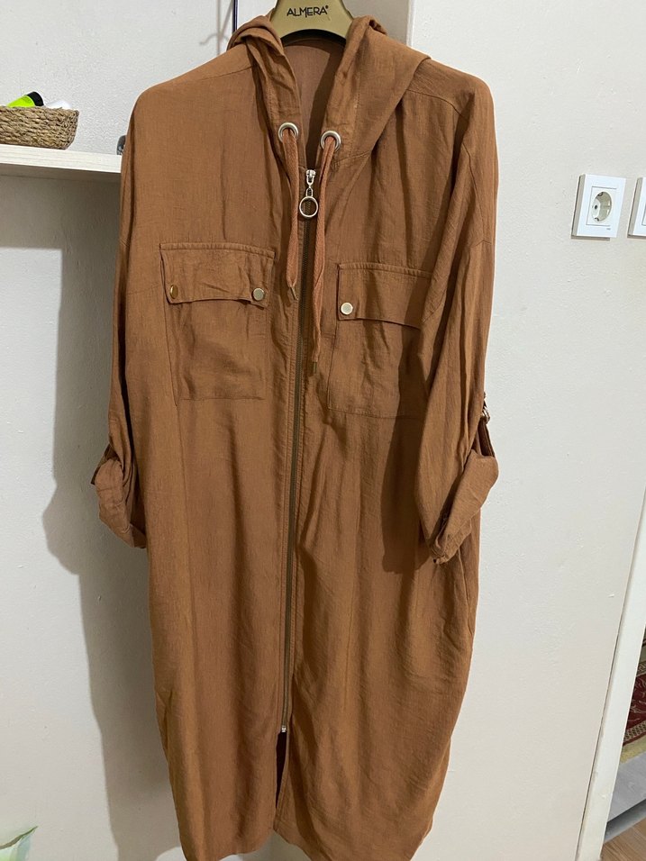 Bej Uzun Keten Kadın Bohem Salaş Kaban - Görsel 2