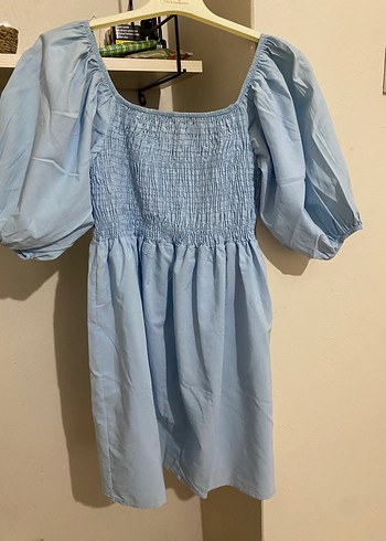 Mavi V Yaka Keten Midi Elbise - Görsel 3