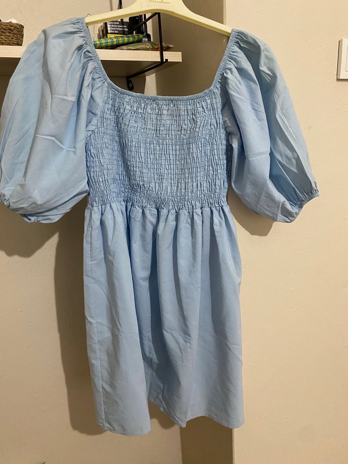 Mavi V Yaka Keten Midi Elbise - Görsel 3