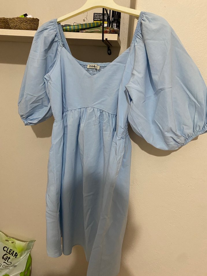 Mavi V Yaka Keten Midi Elbise - Görsel 2