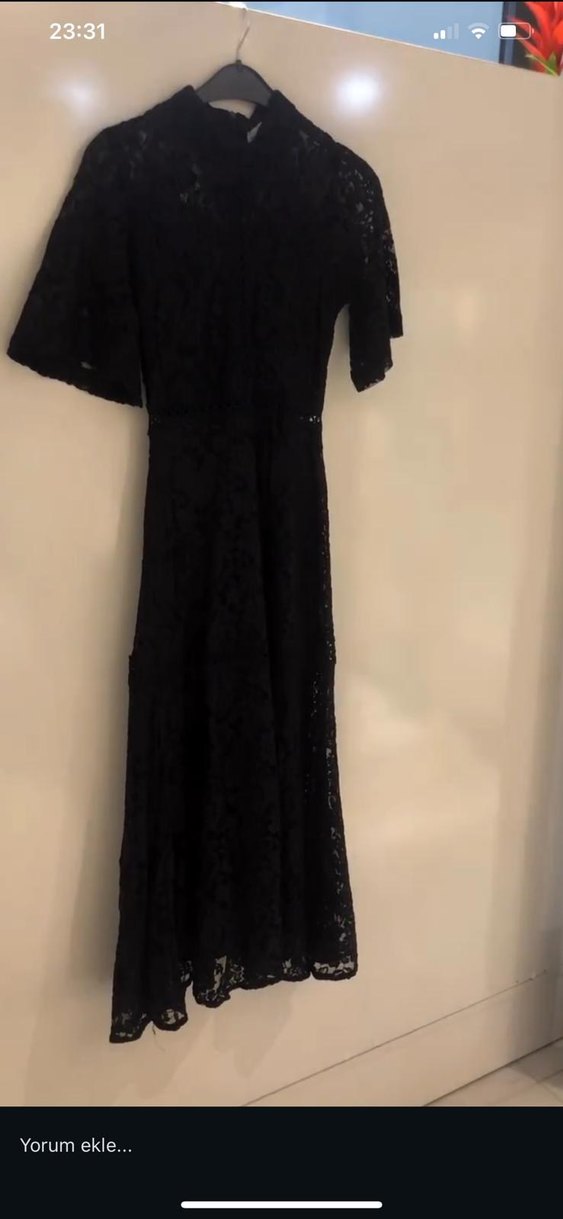 Dantel Detaylı Siyah Midi  Elbise - Görsel 3