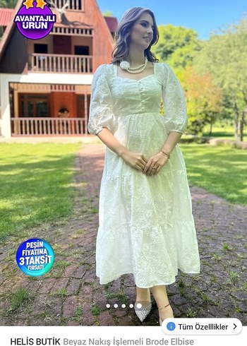 Helis Butik Beyaz Nakış İşlemeli Brode Elbise - Görsel 3