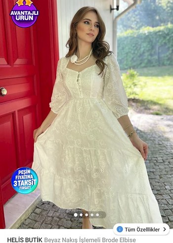 Helis Butik Beyaz Nakış İşlemeli Brode Elbise - Görsel 2