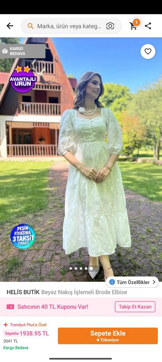 Helis Butik Beyaz Nakış İşlemeli Brode Elbise - Görsel 3