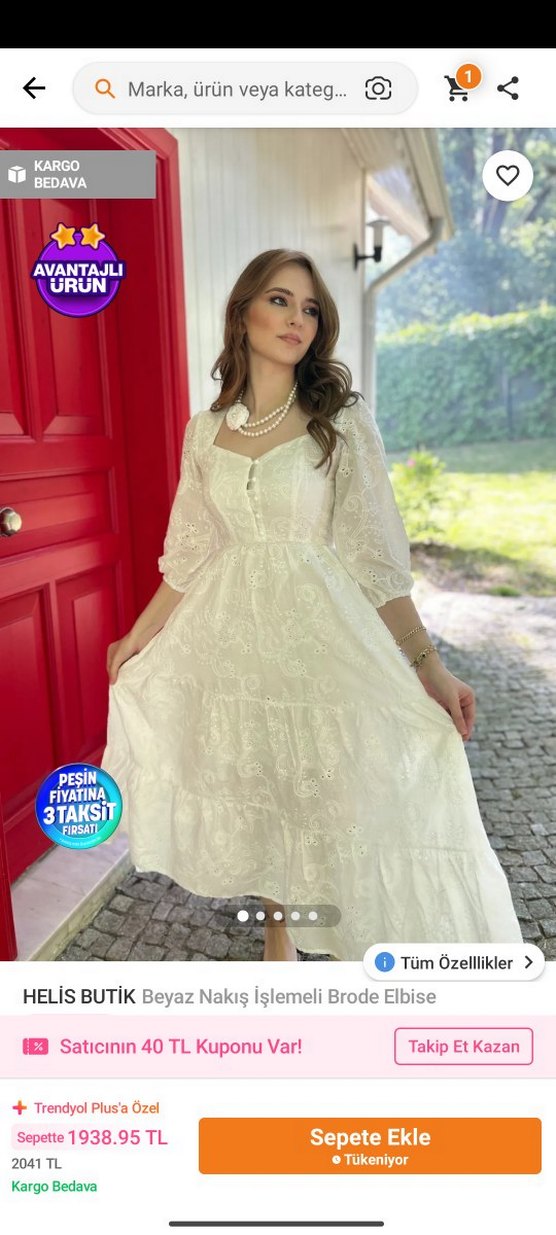 Helis Butik Beyaz Nakış İşlemeli Brode Elbise - Görsel 2