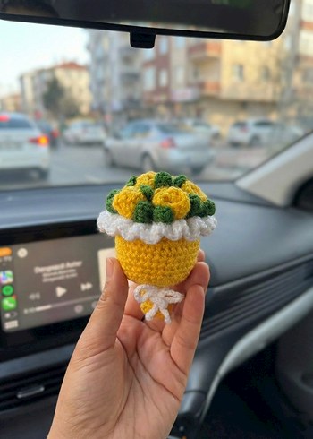 Amigurumi Sarı Çiçek Buketi Araba Süsü - Görsel 2