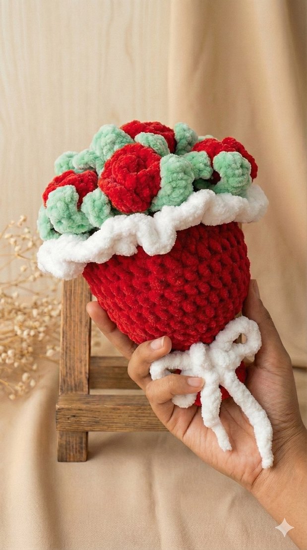Amigurumi Solmayan Kırmızı Gül Buketi - Görsel 3
