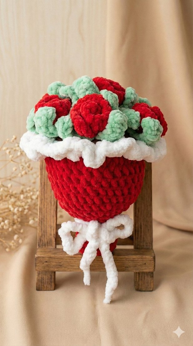 Amigurumi Solmayan Kırmızı Gül Buketi - Görsel 2