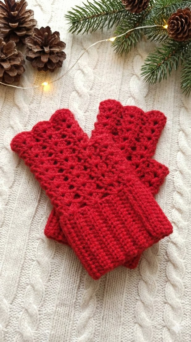 Kırmızı El Yapımı Özel Dantel Model Parmaksız Eldiven - Görsel 2