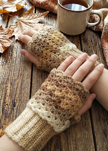 Kahve Tonları El Yapımı Özel Model Parmaksız Eldiven - Görsel 2