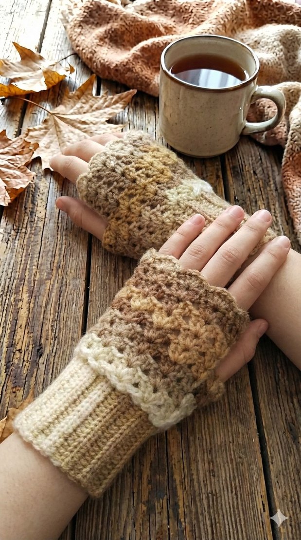 Kahve Tonları El Yapımı Özel Model Parmaksız Eldiven - Görsel 2