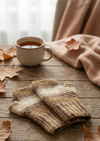 Kahve Tonları El Yapımı Vintage Yarım Eldiven - Görsel 2