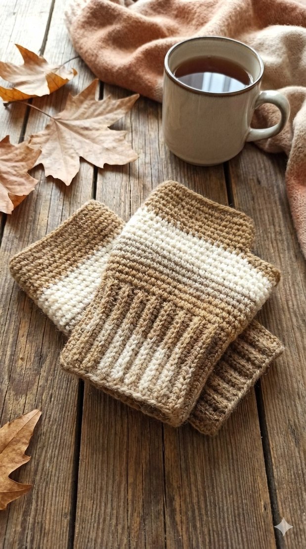 Kahve Tonları El Yapımı Vintage Yarım Eldiven - Görsel 3