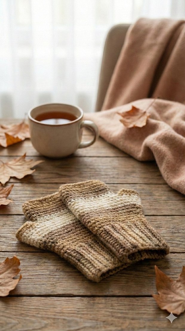 Kahve Tonları El Yapımı Vintage Yarım Eldiven - Görsel 2