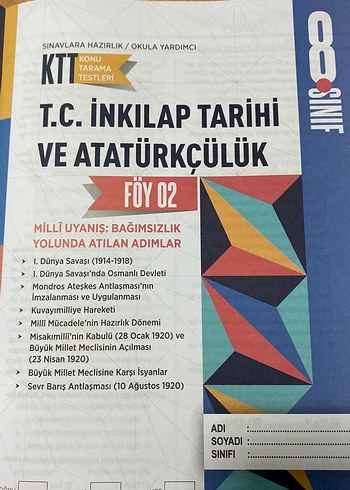 Beden Renk İnkılap Tarihi Yeni Hiç kullanılmadı 5 adet soru föyü