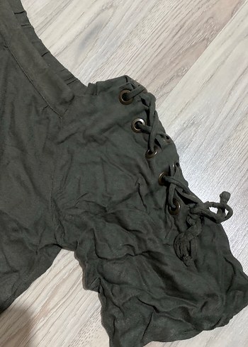 Kadın haki Keten Kayık Yaka Bluz - Görsel 2