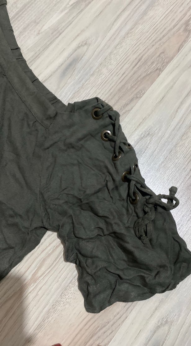 Kadın haki Keten Kayık Yaka Bluz - Görsel 2