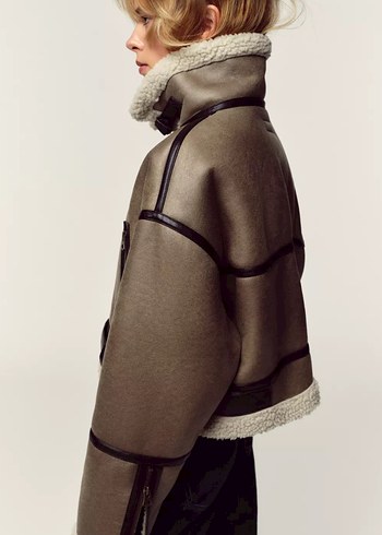 Kürk Detaylı Haki Deri Kadın Ceket - Görsel 5