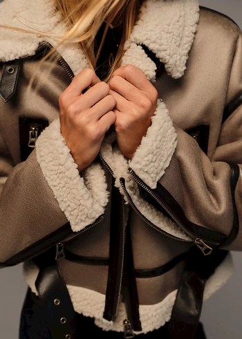 Kürk Detaylı Haki Deri Kadın Ceket - Görsel 2