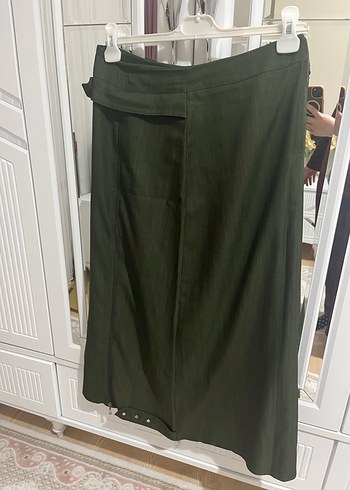 Kemerli Haki Kadın Uzun Keten Etek - Görsel 2