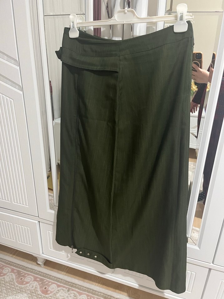 Kemerli Haki Kadın Uzun Keten Etek - Görsel 2