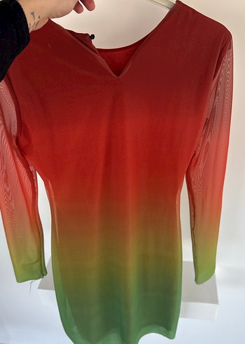 Uzun Kollu Tül içi astarlı Batik Desenli Elbise - Görsel 5