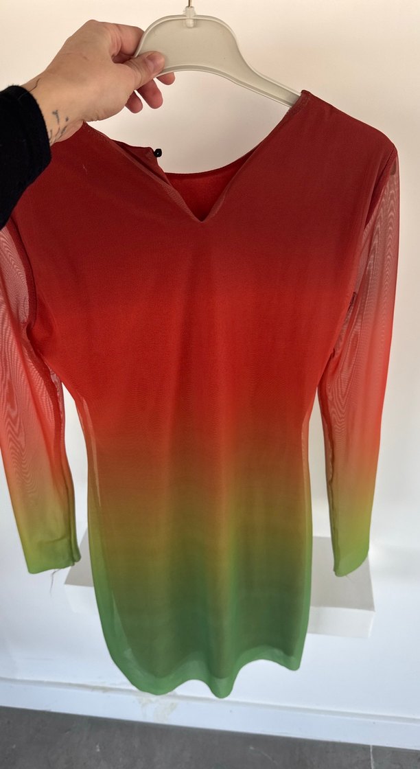 Uzun Kollu Tül içi astarlı Batik Desenli Elbise - Görsel 5