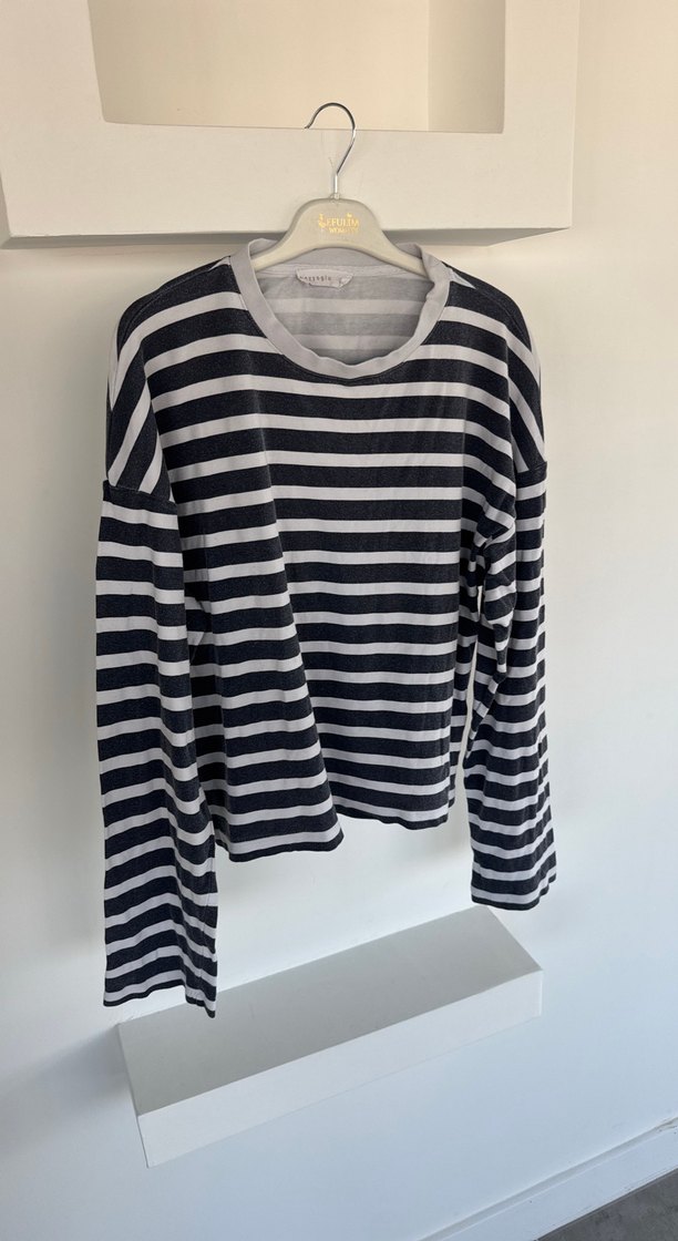 Gri Çizgili Kadın Pamuklu Uzun Kollu Kazak - Görsel 3