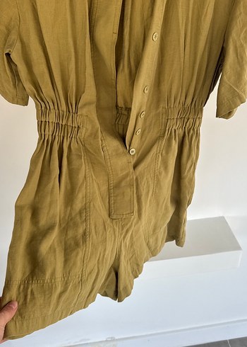 Bej Keten Düğmeli Kısa Kollu Tulum - Görsel 3