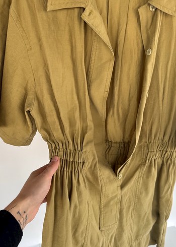 Bej Keten Düğmeli Kısa Kollu Tulum - Görsel 2