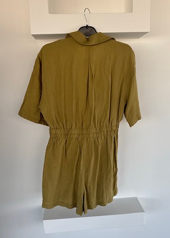 Bej Keten Düğmeli Kısa Kollu Tulum - Görsel 5