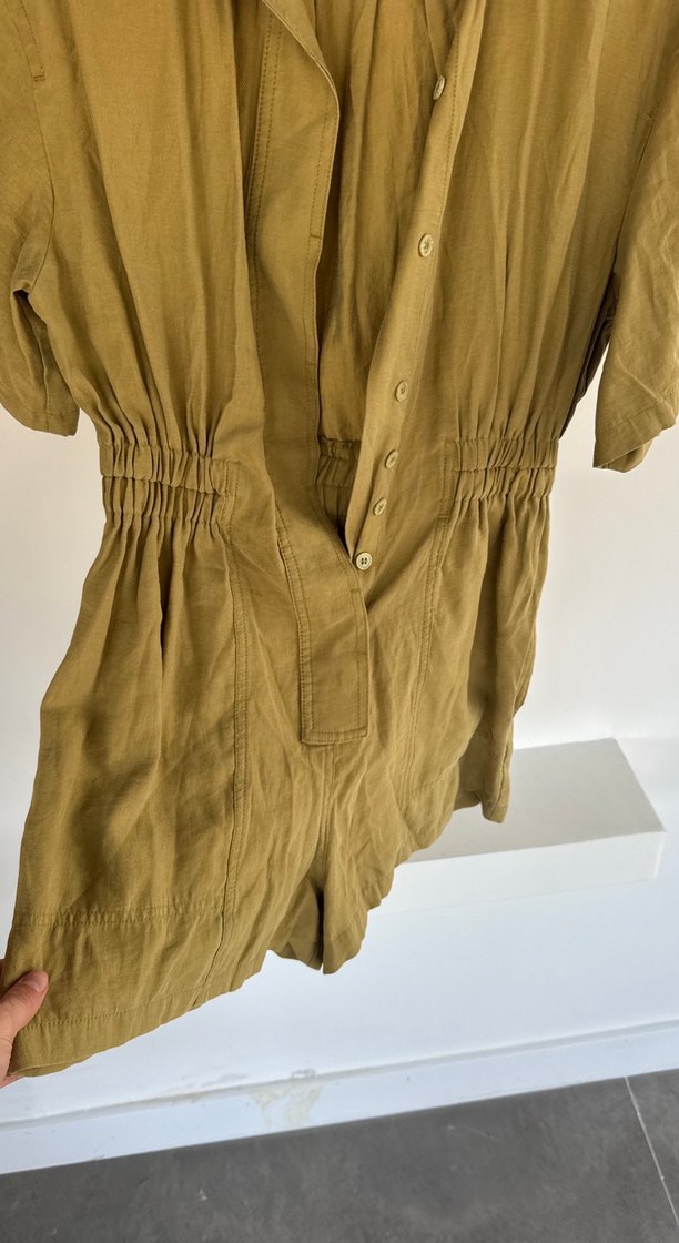 Bej Keten Düğmeli Kısa Kollu Tulum - Görsel 3