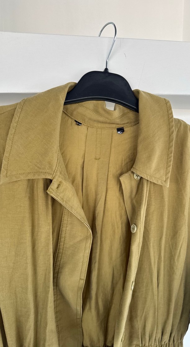 Bej Keten Düğmeli Kısa Kollu Tulum - Görsel 4