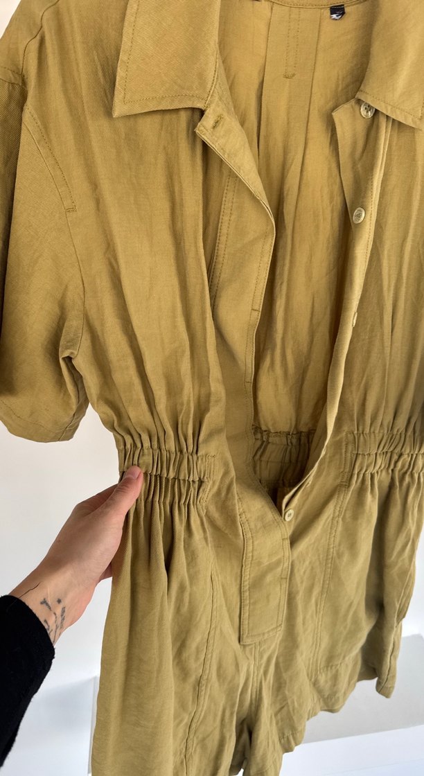 Bej Keten Düğmeli Kısa Kollu Tulum - Görsel 2