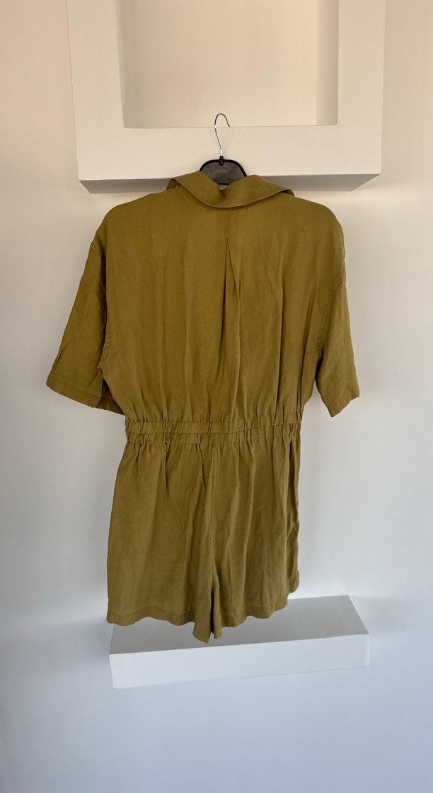 Bej Keten Düğmeli Kısa Kollu Tulum - Görsel 5