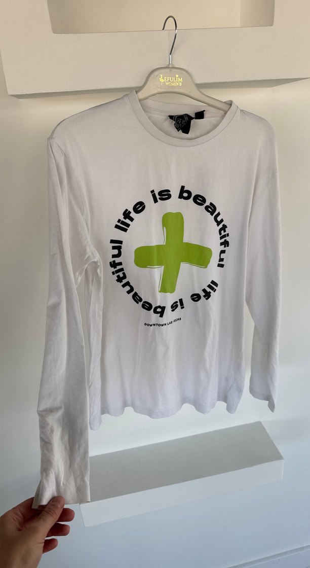 Beyaz Baskılı Pamuk uzun kollu Tişört - Görsel 2