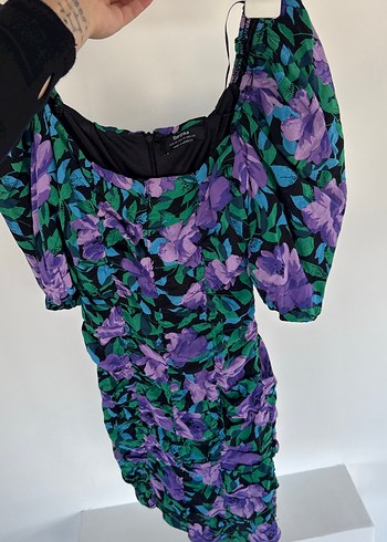 Mor Desenli Drapeli Kadın Elbise - Görsel 2