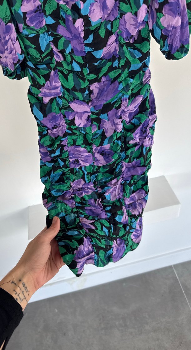 Mor Desenli Drapeli Kadın Elbise - Görsel 5