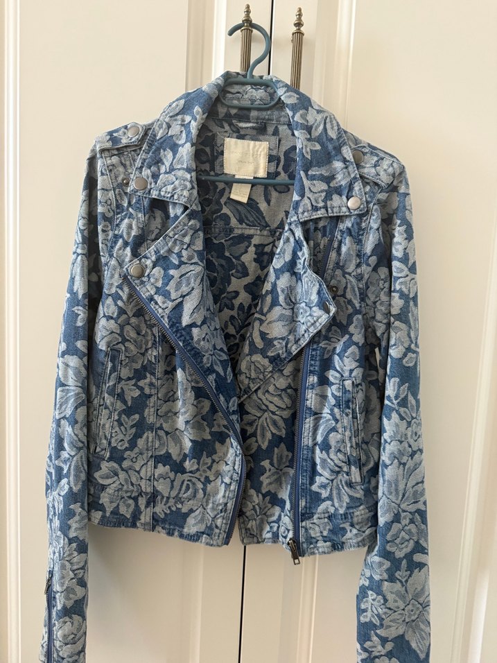 Çiçek Desenli Mavi Kadın Kot Ceket - Görsel 5