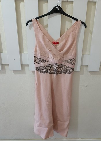 Derhy Pudra Pembe Dantel Detayli V Yaka Elbise