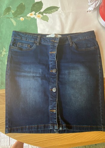 Düğmeli Koyu Mavi Denim Mini Etek