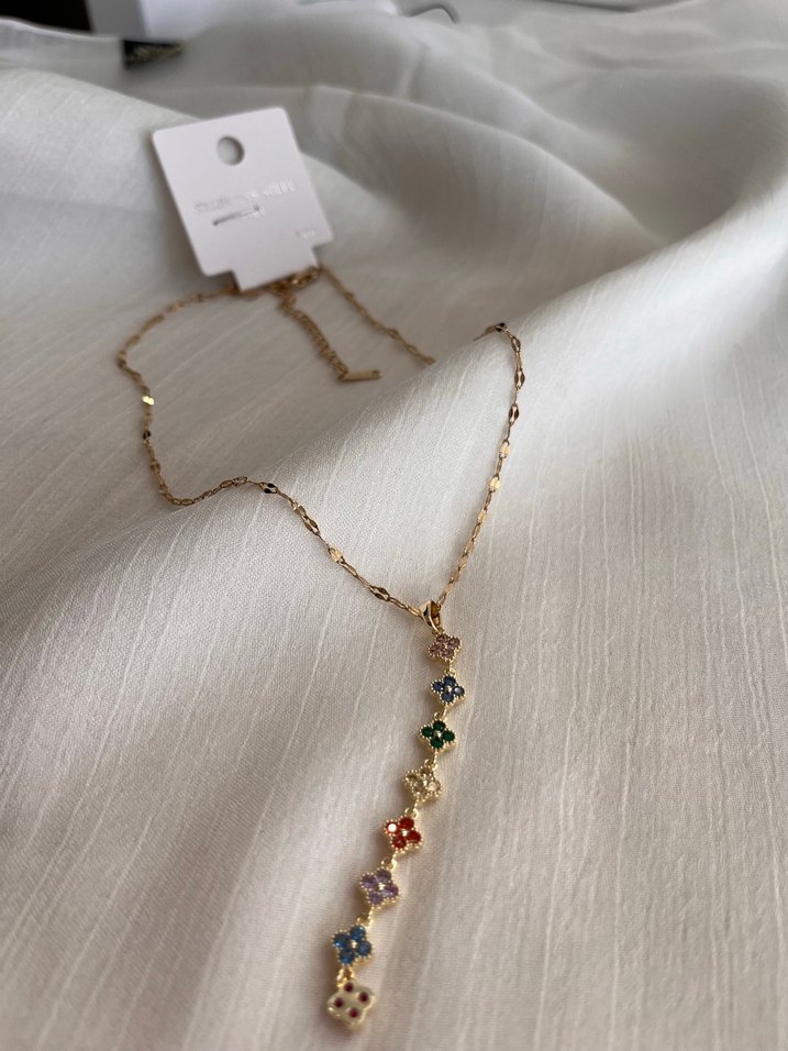 8 Çiçek taşlı gold kaplama çelik kolye - Görsel 2