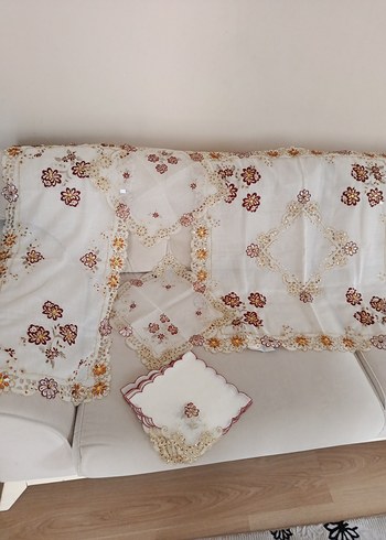vintage, İşlemeli Beyaz Masa Örtüsü Seti