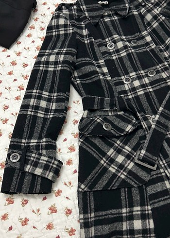 Düğmeli Kareli Gri Kadın Yün Kaban - Görsel 2