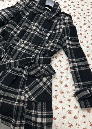 Düğmeli Kareli Gri Kadın Yün Kaban - Görsel 3