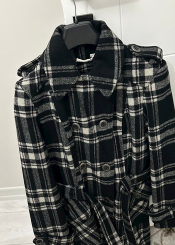 Düğmeli Kareli Gri Kadın Yün Kaban - Görsel 4