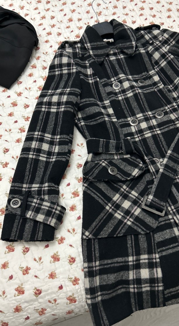 Düğmeli Kareli Gri Kadın Yün Kaban - Görsel 2