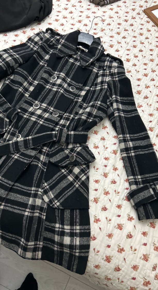 Düğmeli Kareli Gri Kadın Yün Kaban - Görsel 3