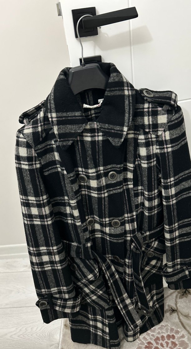 Düğmeli Kareli Gri Kadın Yün Kaban - Görsel 4